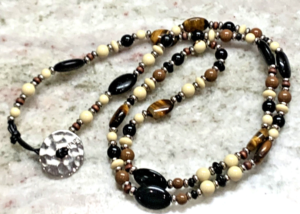 CHAPS SIGNED OVAL TIGER'S EYE ONYX BEAD NECKLACE SILVER BUTTON CLASP R1